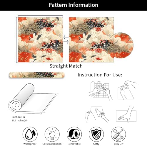 MuralPeel Vintage White Red Yellow Crane Bird Mountain Cloud Wave Chinese Peel - Image 7
