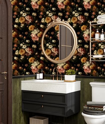 BOKEBEVE Black Floral Wallpaper Peel and Stick Vintage Pink 17.5 x 118In - Image 3
