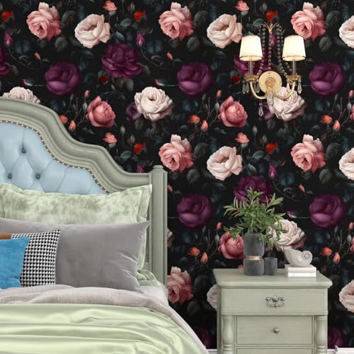BOKEBEVE Dark Floral Wallpaper Peel and Stick Vintage Purple 17.5 x 118In - Image 4