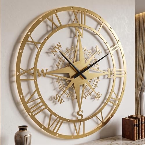 ECHORA Large Metal Compass Rose Wall Clock, Roman Numeral, Nautical Farmhouse - Image 4