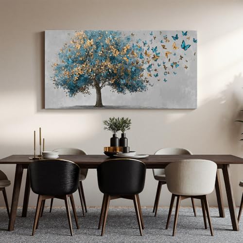 YISXINOAG Blue Gold Tree of Life Wall Art Butterfly Landscape Print 24"X48" - Image 6