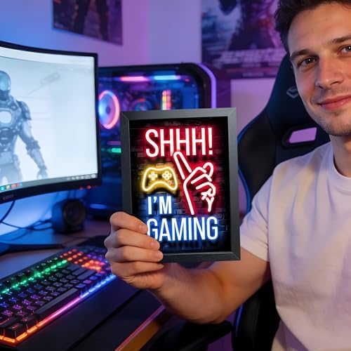 Framed Funny Gamer Wall Art, Boys Game Room Wall Decor, Shhh I’m Gaming Neon - Image 2