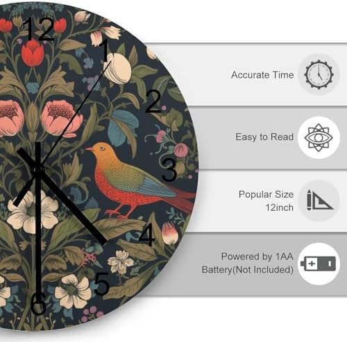 William Morris Wall Clock, Vintage Art Rustic Floral Botanical Bird Round - Image 3