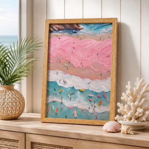 Framed Pink Coastal Canvas Wall Art, Girl Beach Surfers Picture Wall Decor - Image 3