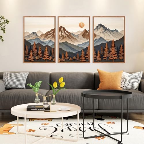 HLNIUC Boho Woodcut Mountain Framed Canvas Wall Art, Large Sun Forest Wall Decor - Image 3