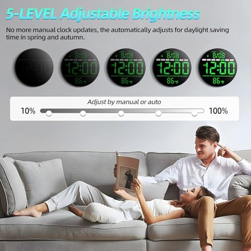 8in Round Digital Wall Clock, Large LED Display, Auto DST, Temperature - Image 6