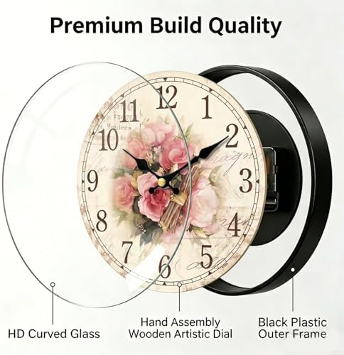 12in Wooden Floral Wall Clock Battery Operated Silent Home Decor - Image 3