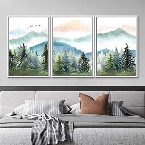 MUDECOR Framed Canvas Print Wall Art Set Watercolor Pastel Mountain Range Pine - Image 2