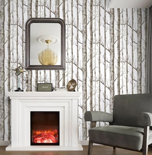 17.7" x 787" Birch Tree Wallpaper Peel and Stick White and Brown Wallpaper - Image 4