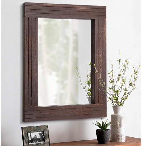 Wall Mirror Rustic Wooden Frame Rectangle Vintage Hanging Mirrors by HLFMVWE