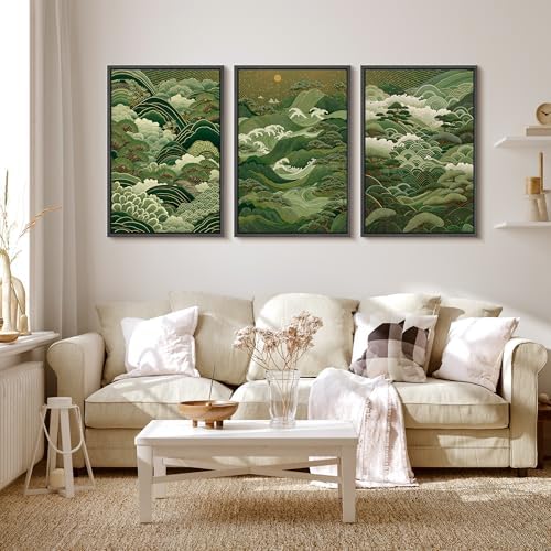 MUDECOR Framed Canvas Print Wall Art Japanese Forest Landscape Green Waves and - Image 2