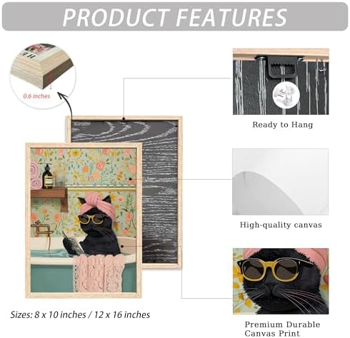 ICHZUMW Framed Funny Black Cat in Bathtub Canvas Bathroom Wall Art 8x10 In - Image 6