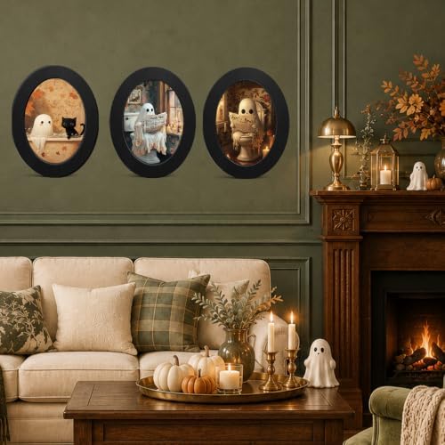 3Pcs Funny Ghost Halloween Bathroom Oval Wall Art Framed Spooky Decor - Image 4