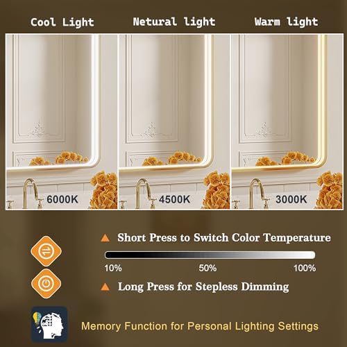 LED Bathroom Mirror with Lights, 24x32 Inch Gold Metal Framed LED Mirror - Image 4