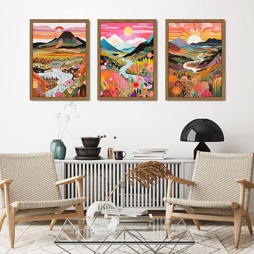 Wood Framed Boho Colorful Landscape Canvas Wall Art Set of 3 - Image 7