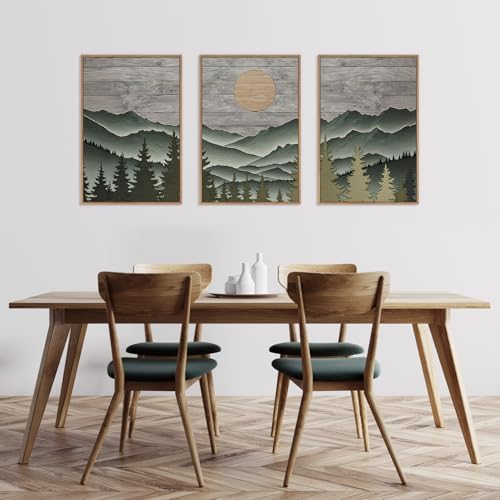 HLNIUC Mountain Framed Canvas Wall Art, Large Green Forest Woodcut Wall Decor - Image 6
