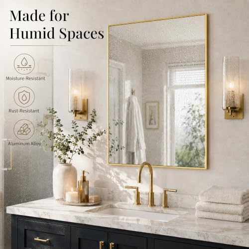36"x24" Brushed Gold Framed Rectangle Bathroom Vanity Wall Mirror - Image 4