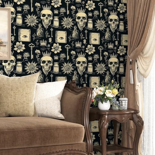 Laatse Gothic Black Beige Skull Floral Wallpaper Peel and Stick 17.5"x393" - Image 2