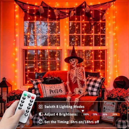 JMEXSUSS Orange Curtain Lights for Halloween, USB Plug in, 200 LED - Image 5