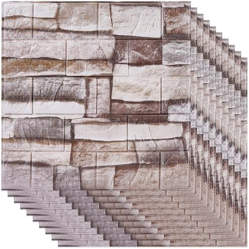 CRASPIRE 10Pcs 3D Faux Stone Peel and Stick Wall Tan Tile Panels 11.8x11.8in - Image 7