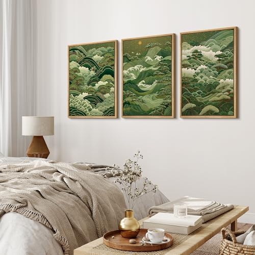 MUDECOR Framed Canvas Print Wall Art Japanese Forest Landscape Green Waves and - Image 3