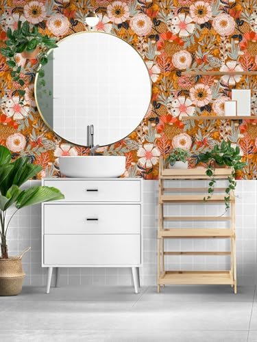 HAOKHOME Orange Floral Peel and Stick Wallpaper Boho Vintage 17.3in x32.8ft - Image 5
