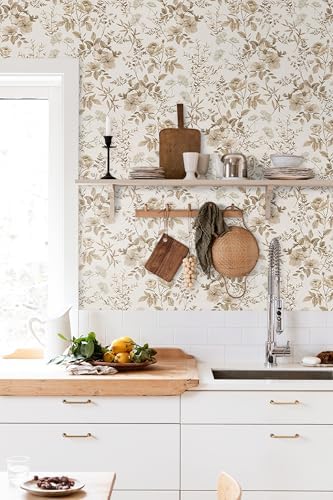 Erfoni Boho Floral Peel and Stick Wallpaper Beige Flower Leaf Contact Paper - Image 4