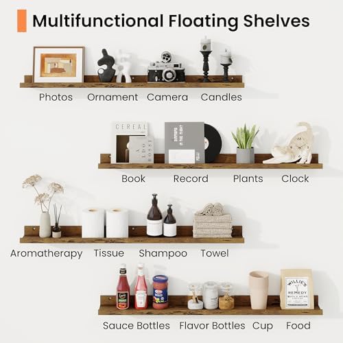 Picture Ledge Shelf, 20 inch Floating Wood Shelves Set of 2, Rustic Brown - Image 6