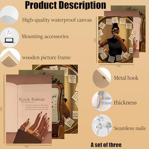 Framed Black Girl Wall Art Set of 3, Fashion Inspirational Black Woman Wall - Image 3
