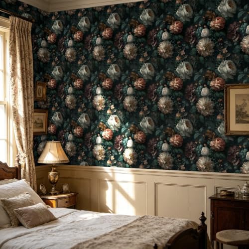 BOKEBEVE Vintage Floral Wallpaper Peel and Stick Black Design 17.5 x 118In - Image 2