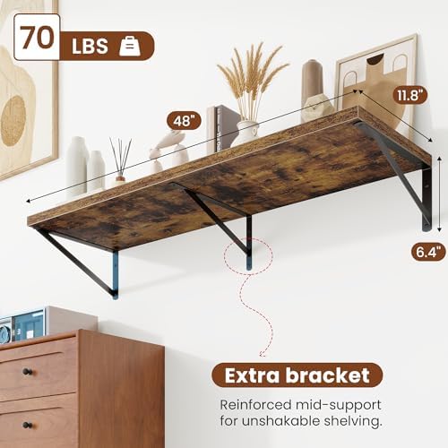 Deep Wall Shelves 48"W x 12"D Engineered Wood Floating Shelves - Image 3