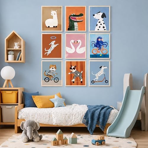 ZBMYYGO Kids Room Canvas Wall Art Set of 9, Funny Cute Cartoon Animal Posters - Image 6