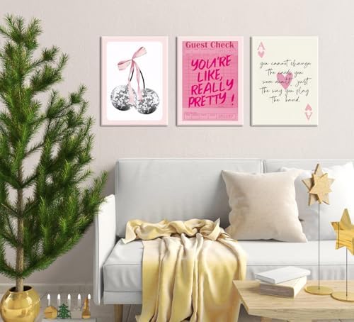 Pink Preppy Wall Art Framed Set of 3 Trendy Coquette Disco Cherry Posters Retro - Image 2