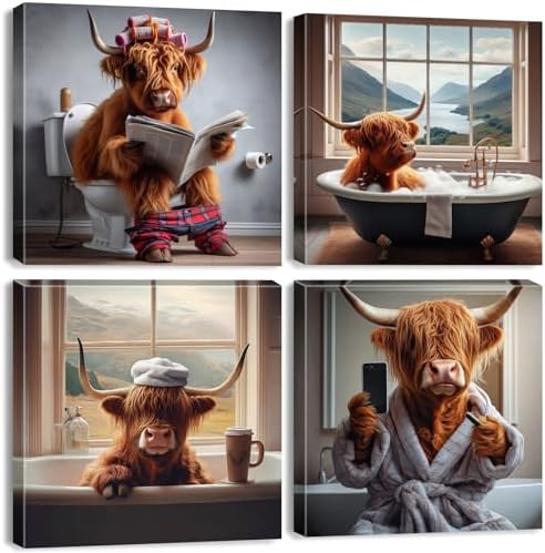 Rustic Cow Wall Art Funny Bathroom Wall Decor Abstract Wildlife Pictures by YOOOAHU