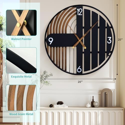 20 Inch Round Wall Clock Wood Silent Non-Ticking Battery Operated - Image 5