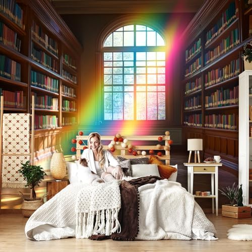 Warm Toned Wall Mural Wallpaper Library Books Rainbow Light Classic Style - Image 3