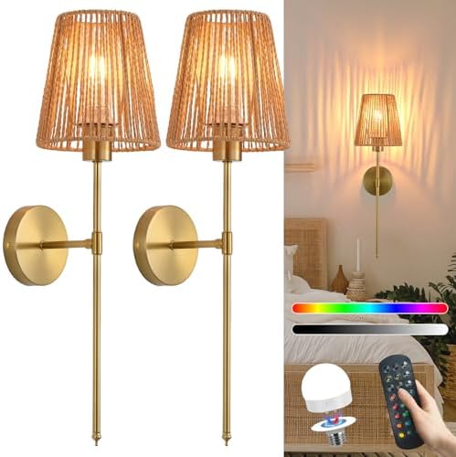 Battery Operated wall sconces Set of Two, Rattan Shade Gold by Unknown