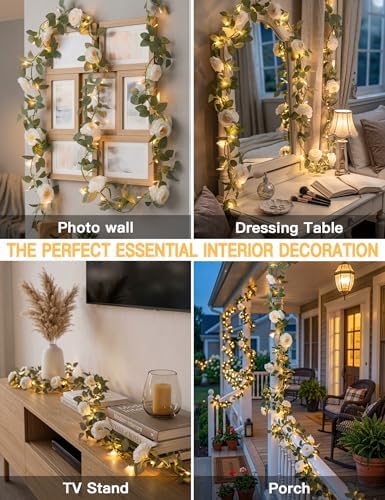 suddus 60LED Garland with White Camellia Lights Battery Operated Clear Wire - Image 3