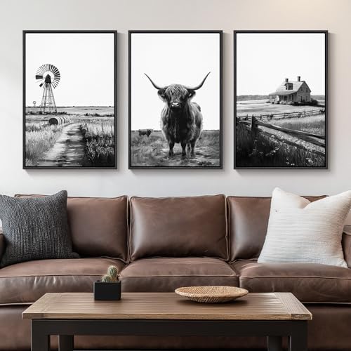 Framed Black and White Western Highland Cow Wall Art, 3 Pieces 20x30 In by Cuspin