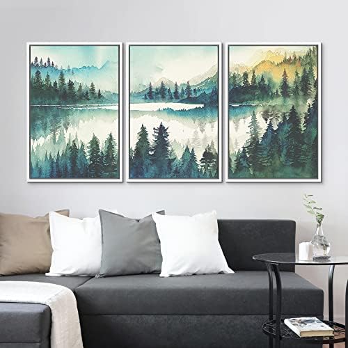 MUDECOR Framed Canvas Print Wall Art Set Watercolor Teal Emerald Green Mountain - Image 3