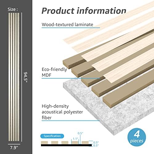 Art3d 4-Pack Soundproof Wood Slat Wall Panel, 94.5 x 7.9 Inch - Image 4