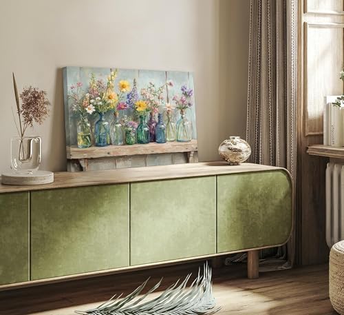 Farmhouse Flower Canvas Wall Art Wildflowers Bottles Wall Decor Rustic Plants - Image 3
