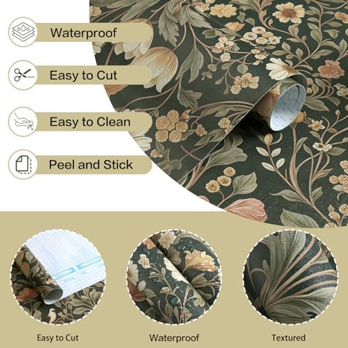 Jeweluck Dark Green Floral Peel and Stick Wallpaper Vintage 16.9" x 196.8" - Image 5