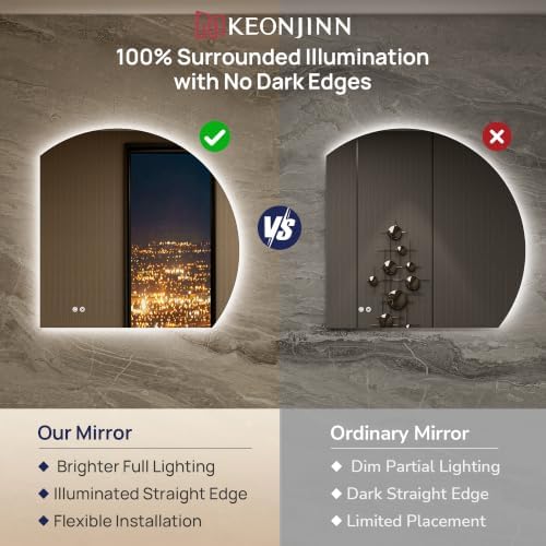 Keonjinn 36" x 36" Half Moon Backlit Mirror Bathroom, HD Tempered Glass - Image 3