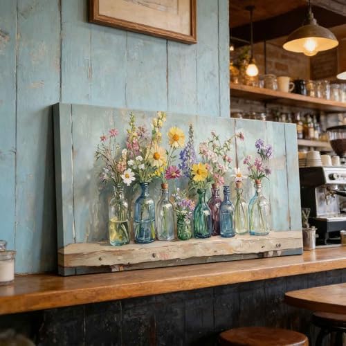 Vintage Glass Bottle Wildflower Canvas Wall Art Large Farmhouse Rustic Floral - Image 3