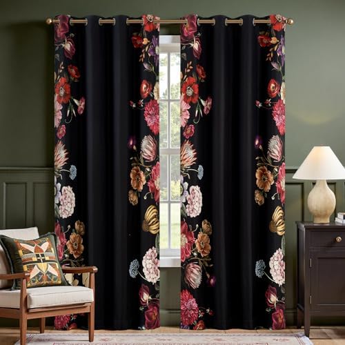 jinchan Black Floral Blackout Curtains 84 Inch Vintage Grommet 2 Panels by JINCHAN