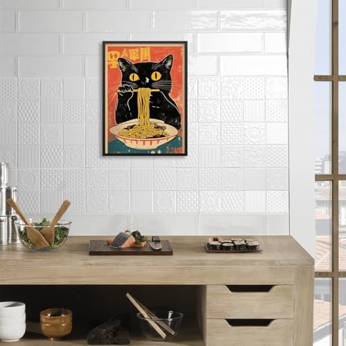Black Framed Canvas Wall Art Posters Vintage Funny Black Cat Eating Ramen - Image 6