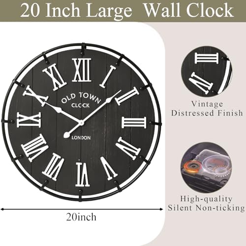 EMAX HOME 20 Inch Large Farmhouse Wall Clock, Rustic Black Distressed Wood - Image 4