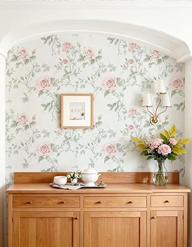 Floral Peel and Stick Wallpaper Pink Flower Wall Paper Vintage Botanical Green - Image 3