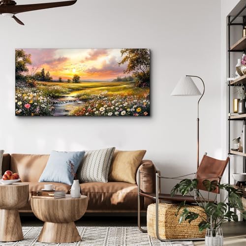 crmotu Nature Landscape Wall Art, Sunset Wildflowers Pictures 20X40 In - Image 2